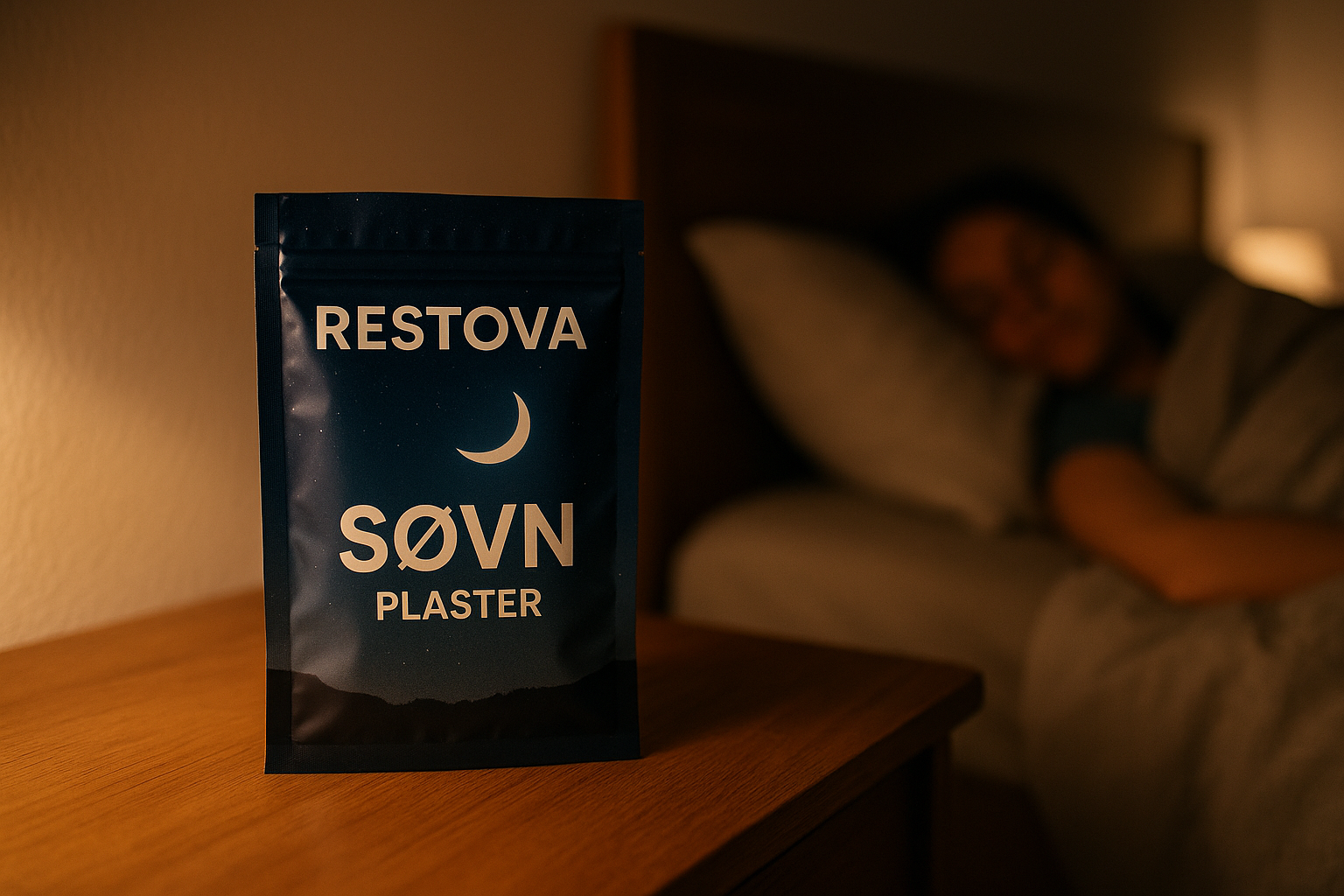 En Foliebag med nattbakgrunn, mørk blå og en måne. Med stor Skrift, SØVN, ganske midt på og PLASTER rett under dette. skal ikke fylle hele bredden på foliebagen. Over dette skal det stå RESTOVA med store bokstaver. Foliebagen skal være plassert på ett nattbord ved senga. Skal ikke være så mye i fokus, en person ligger i senga, som man ser litt av, og kamera er litt unna og inntil veggen på nattbordet står foilbaggen