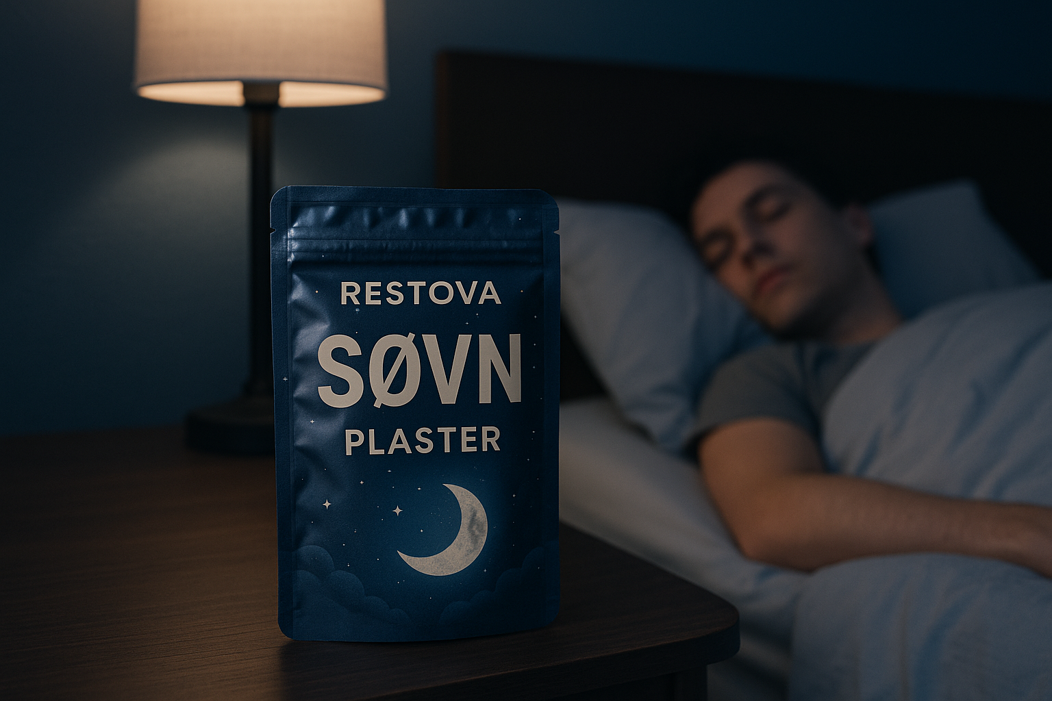 En Foliebag med nattbakgrunn, mørk blå og en måne. Med stor Skrift, SØVN, ganske midt på og PLASTER rett under dette. skal ikke fylle hele bredden på foliebagen. Over dette skal det stå RESTOVA med store bokstaver. Foliebagen skal være plassert på ett nattbord ved senga. Skal ikke være så mye i fokus, en person ligger i senga, som man ser litt av, og kamera er litt unna og inntil veggen på nattbordet står foilbaggen. Lag i mobilformat slik at både personen og foliebaggen er med i bildet på mobil